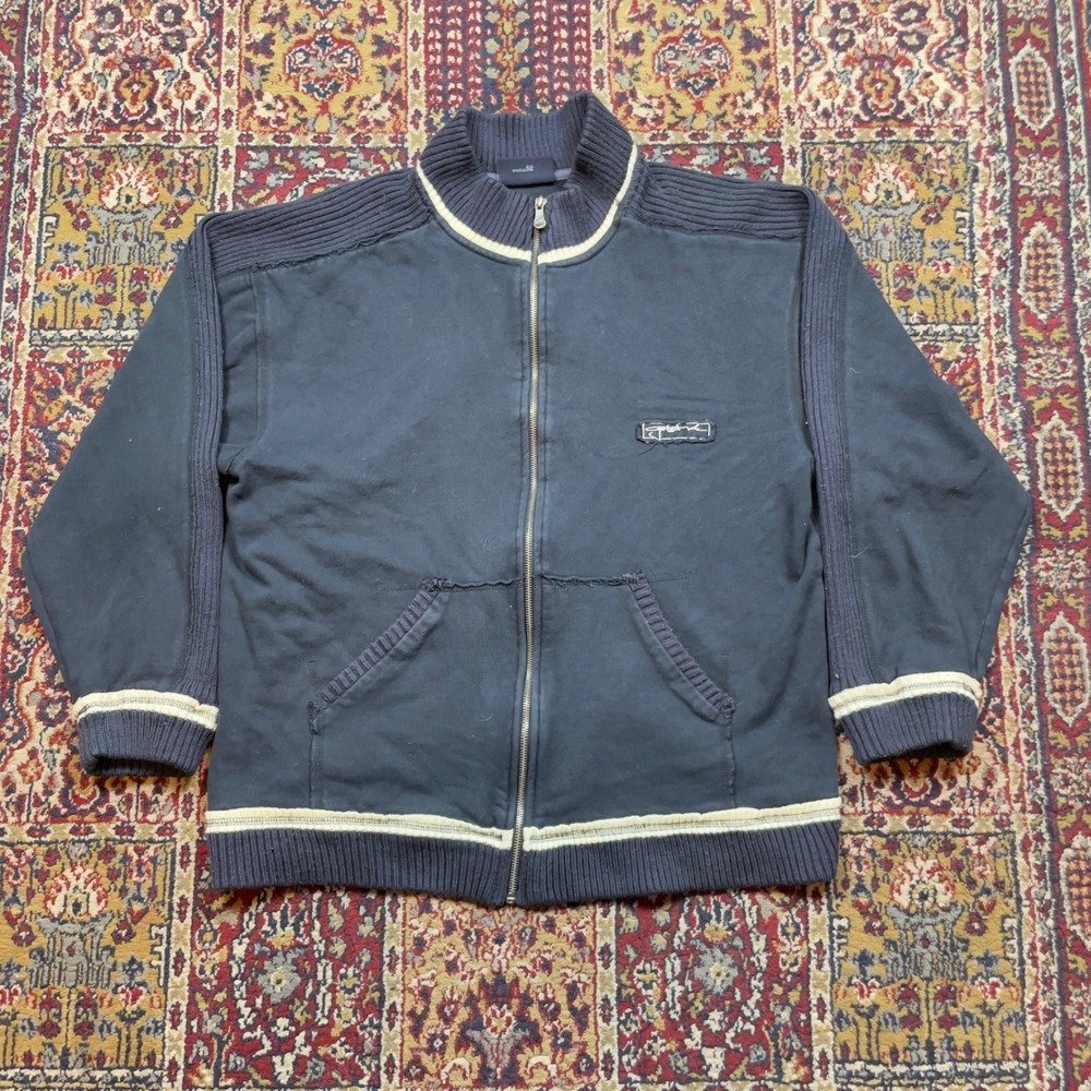 VTG 00s Gotcha Full Zip Knit Striped Raw Edge Jacket Sweater Navy White Pocket M